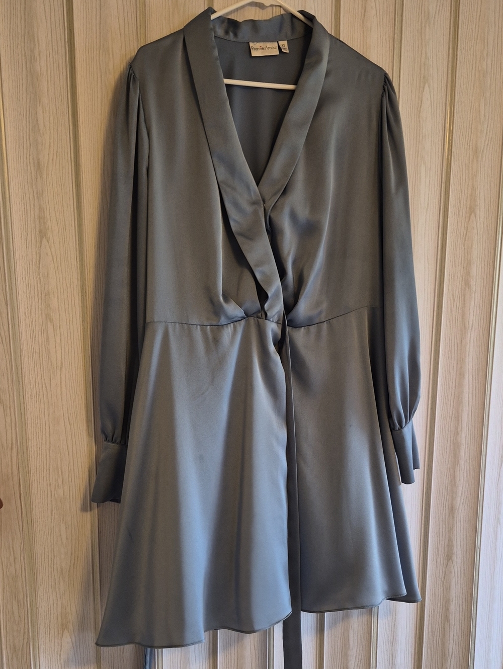 Satin Wrap Long-Sleeve Dress in Slate Gray